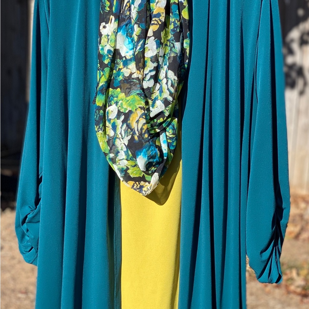 Susan Graver liquid knit tank and cardigan with scarf 3X